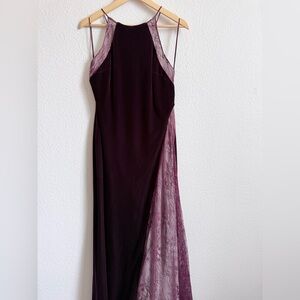 Badgley Mischka Plum Velvet & Lace Maxi Gown | Short Train | Size 12